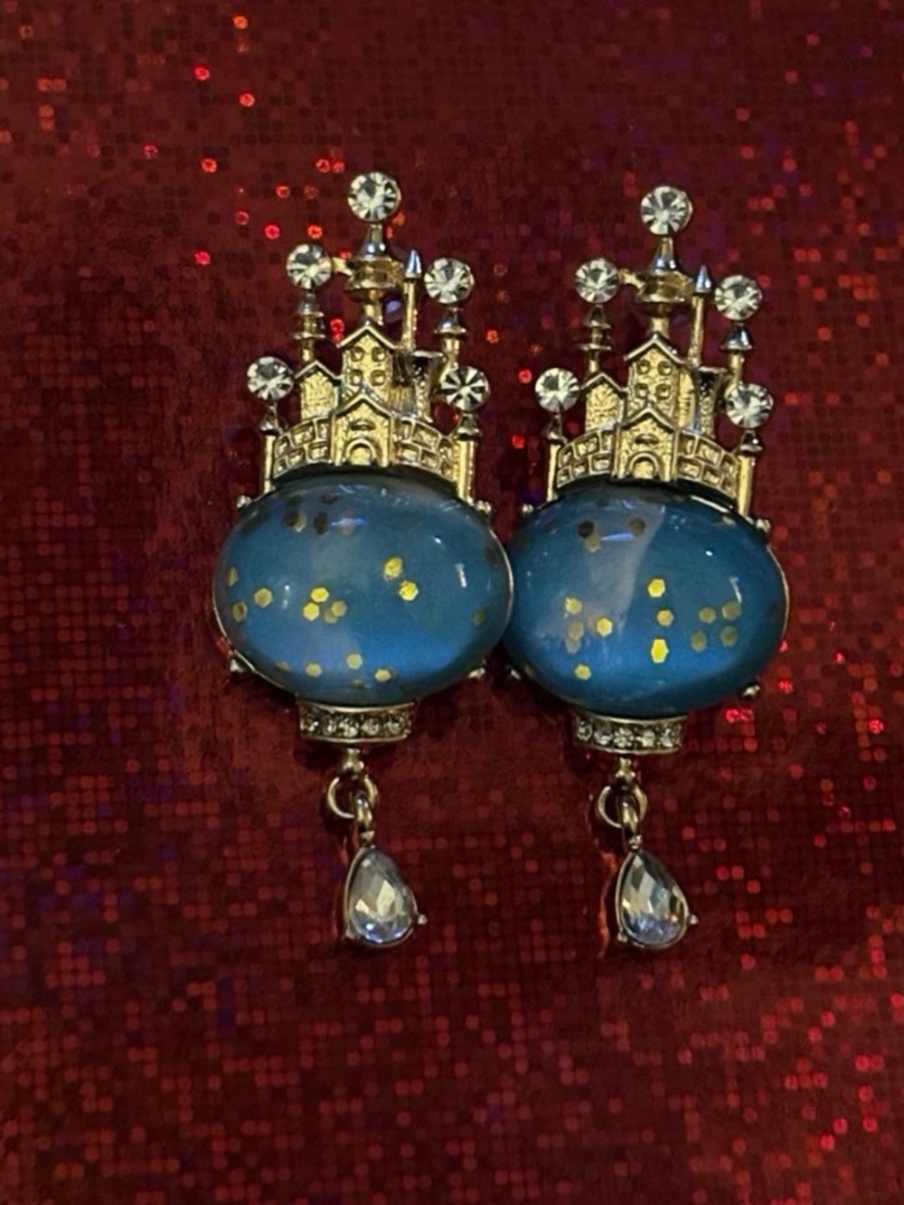 Estate Blue and Gold Castle Dome Drop Earrings - Women Jewelry